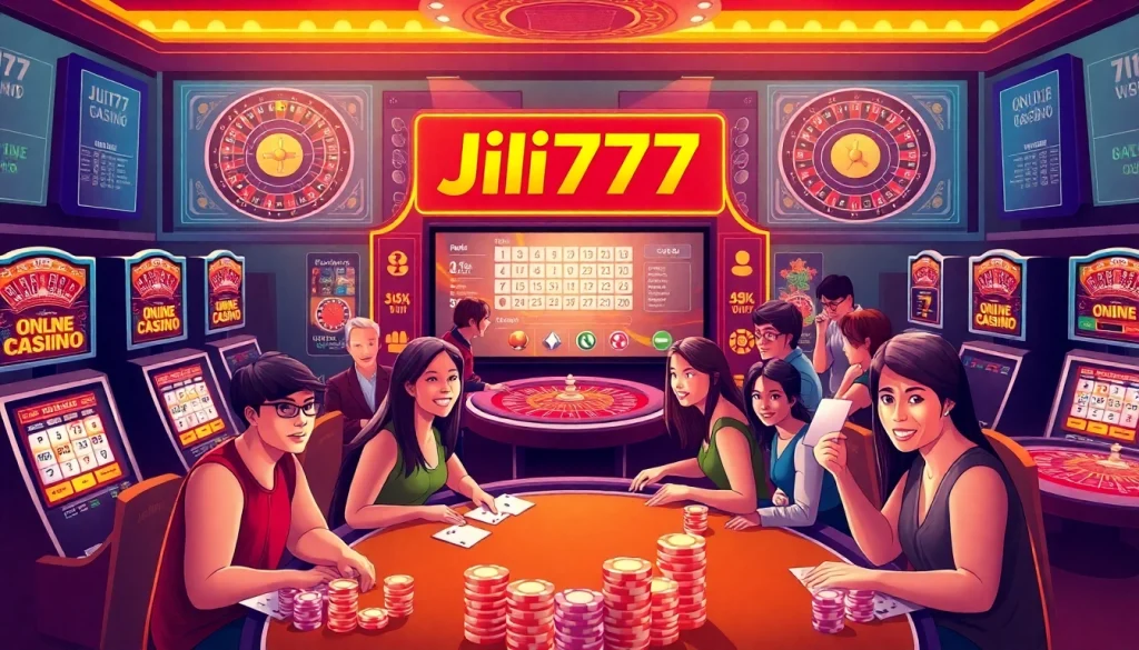 Players engaged in thrilling games at Jili777 Online Casino, featuring interactive slot machines and vibrant poker tables.