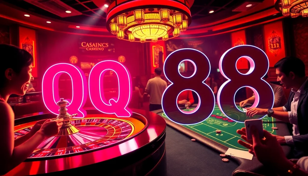 Experience the thrill of QQ 88 in a bustling casino atmosphere with roulette, poker, and eager players.