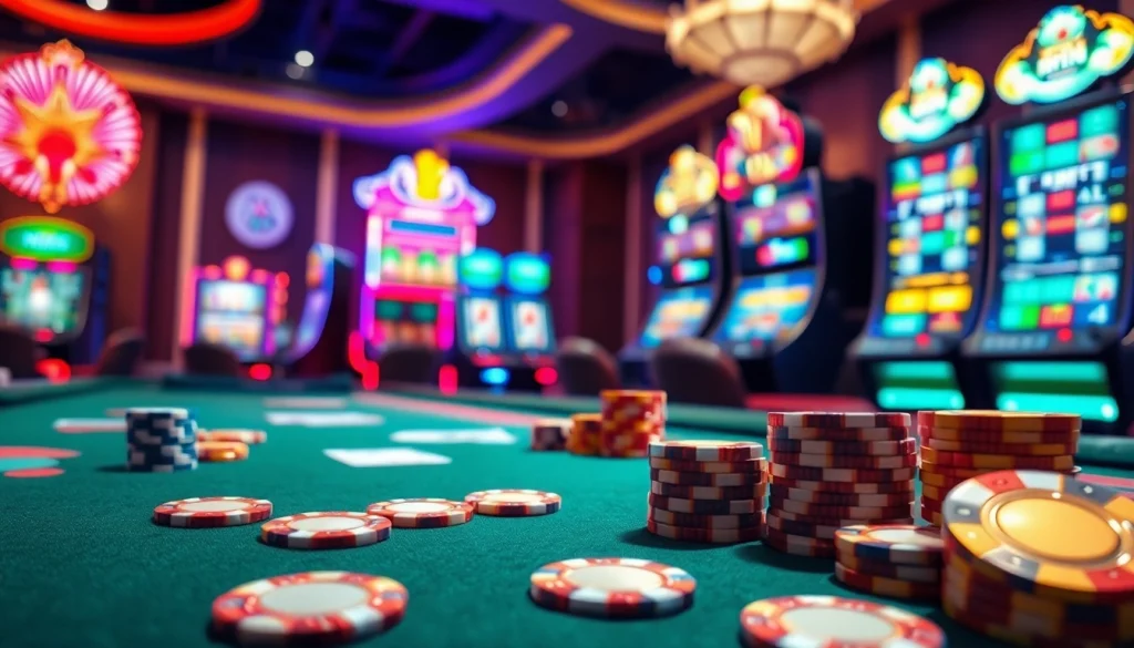 Experience the excitement of U888 casino games with vibrant slot machines and glimmering poker chips, capturing thrilling gambling moments.