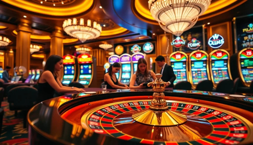 Exciting rr 88 casino scene with vibrant roulette wheel and engaged players.
