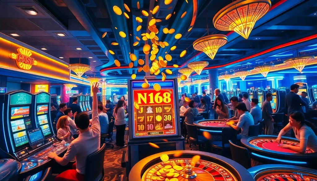 Players winning at the Nổ Hũ F168 slot machine in a vibrant casino atmosphere showcasing excitement.