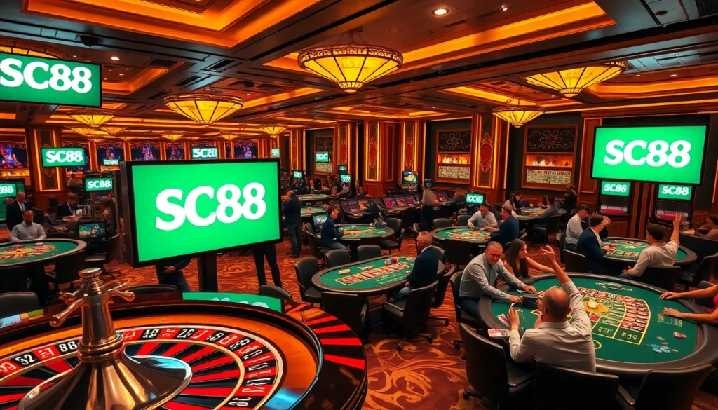 Experience the thrill of SC88 as players engage around poker tables in a vibrant casino atmosphere.