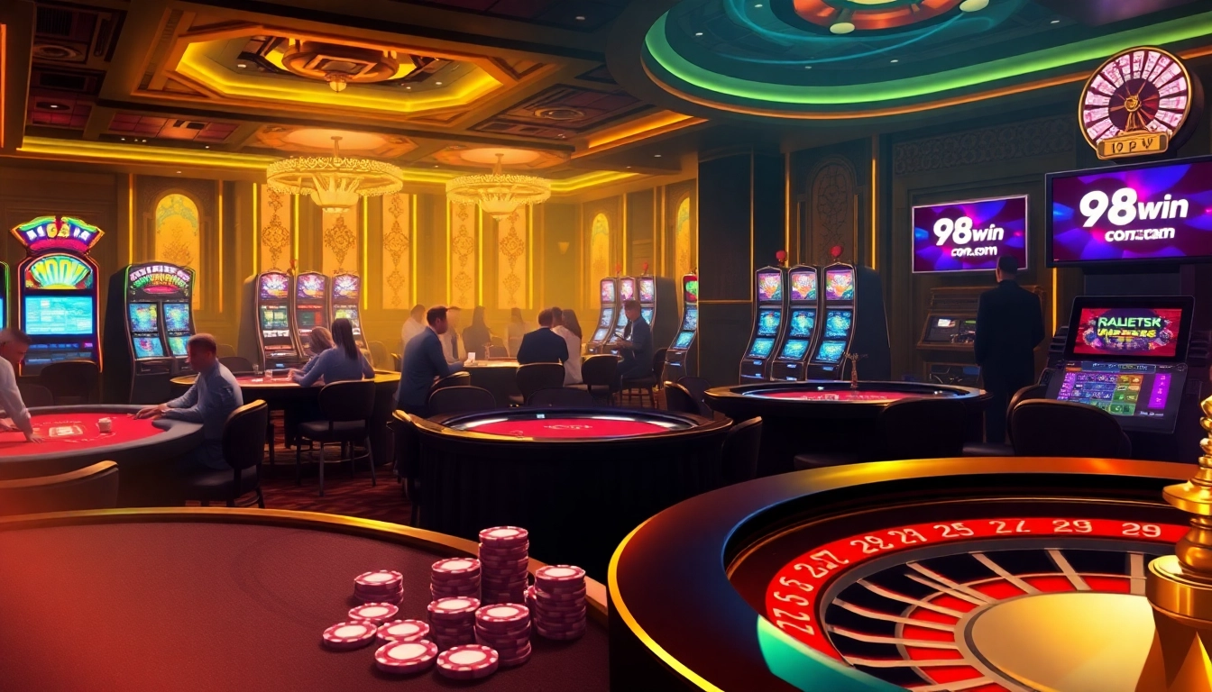 Experience the thrill of gaming at 98win com in a lively casino scene featuring players at blackjack tables and glowing slot machines.