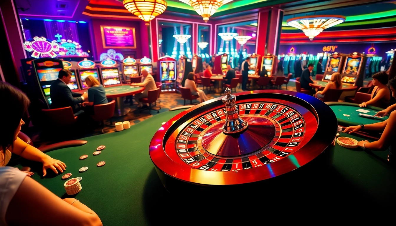 Players enjoying the thrill of gambling at 688v's luxurious casino tables, featuring roulette and poker games.