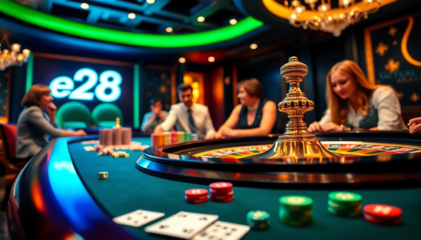 Experience luxurious gaming at e28 with engrossed players at the roulette table and vibrant chips.