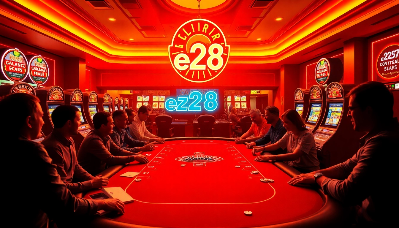 A lively casino scene featuring poker and roulette with e28 neon sign illuminating the action.