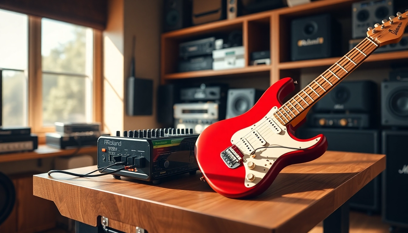 Guitar enthusiast engaging with vg99.zip device in a well-lit musical studio.
