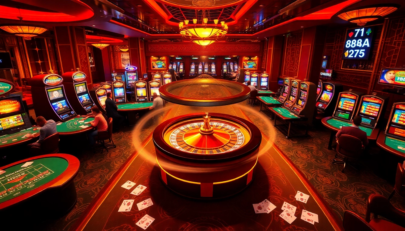 88AA gaming excitement captured with players at a roulette wheel and vibrant slot machines in an upscale casino.