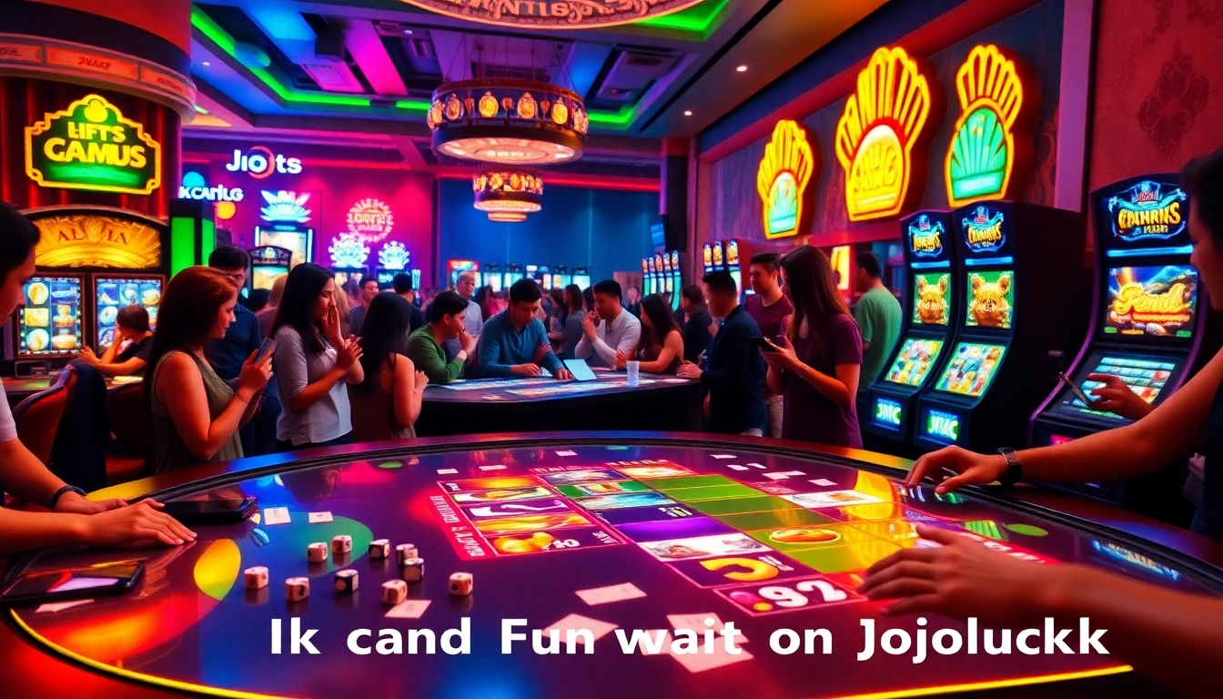 Exciting casino scene on Jogoluck showcasing digital gambling tables with players and vibrant slot machines.