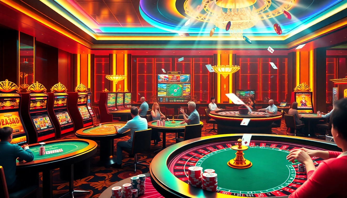 Players enjoying the excitement of online games at shbet com, featuring vibrant casino tables and colorful poker chips.