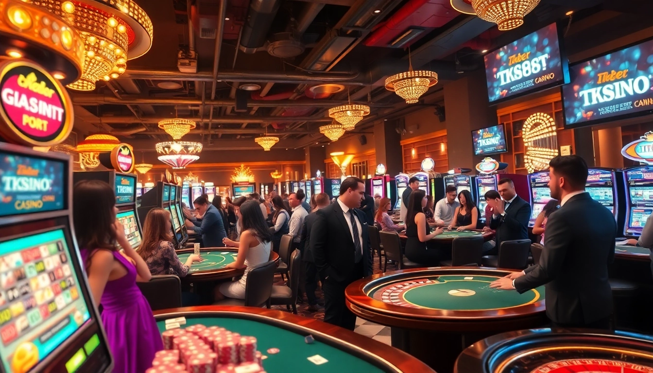 Experience the excitement of gaming at https://tk88t.org/, featuring players at a lively casino table.