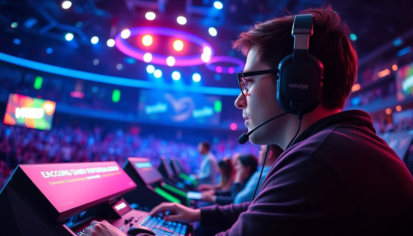 Engaged player enjoying the game VNQ8 in a vibrant esports arena full of energy.
