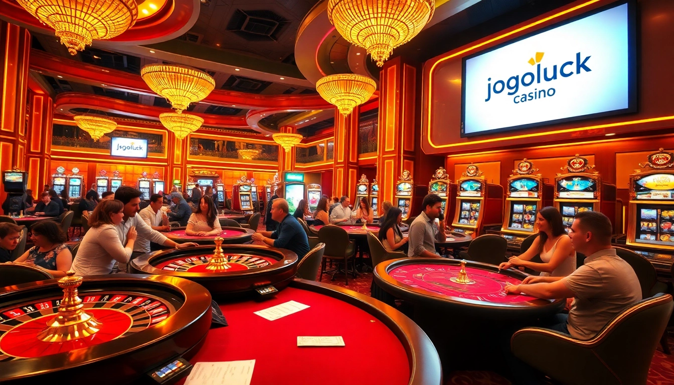 Players celebrating their luck at jogoluck Casino, surrounded by roulette wheels and slot machines in a lively atmosphere.