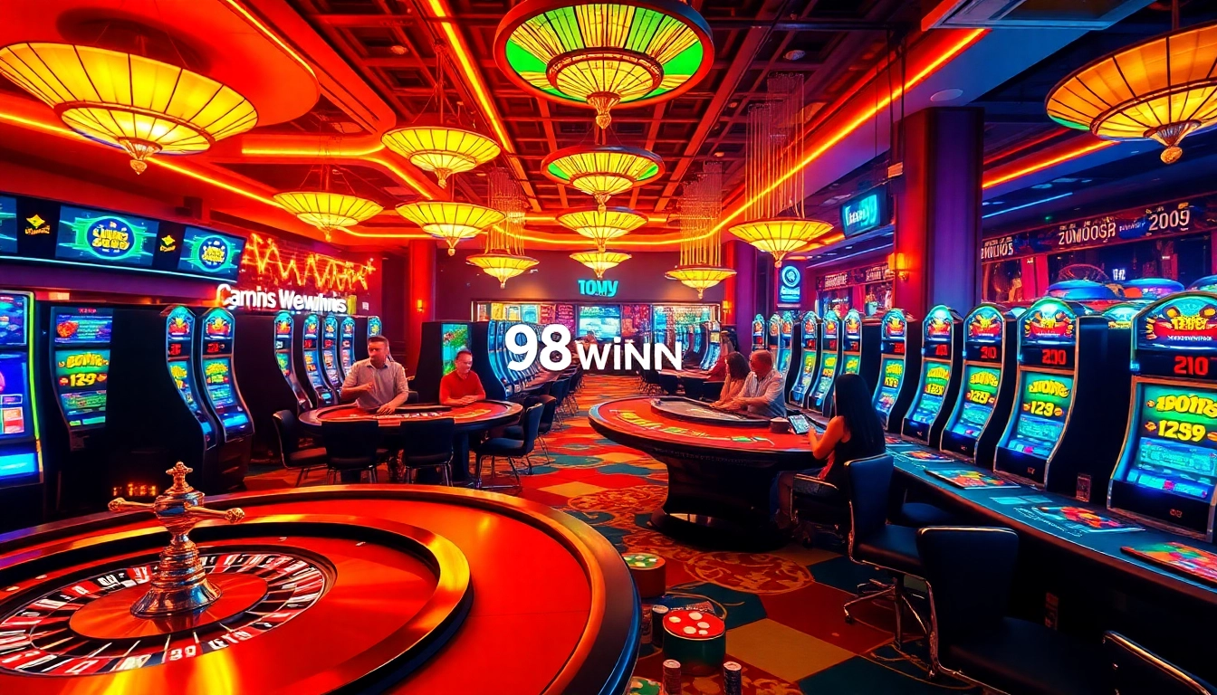 Players engaged in thrilling action at 98win9 dev casino tables, featuring vibrant poker games and slot machines.