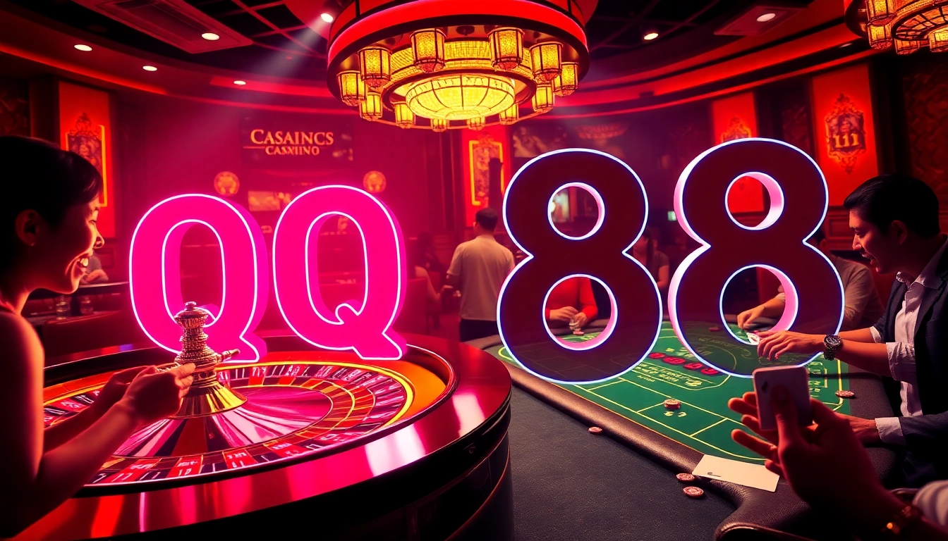 Experience the thrill of QQ 88 in a bustling casino atmosphere with roulette, poker, and eager players.