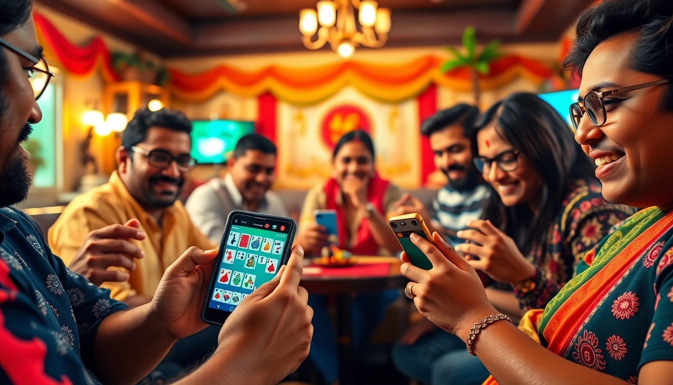 Players enjoying Yono Rummy with smartphones in a vibrant gaming lounge atmosphere.