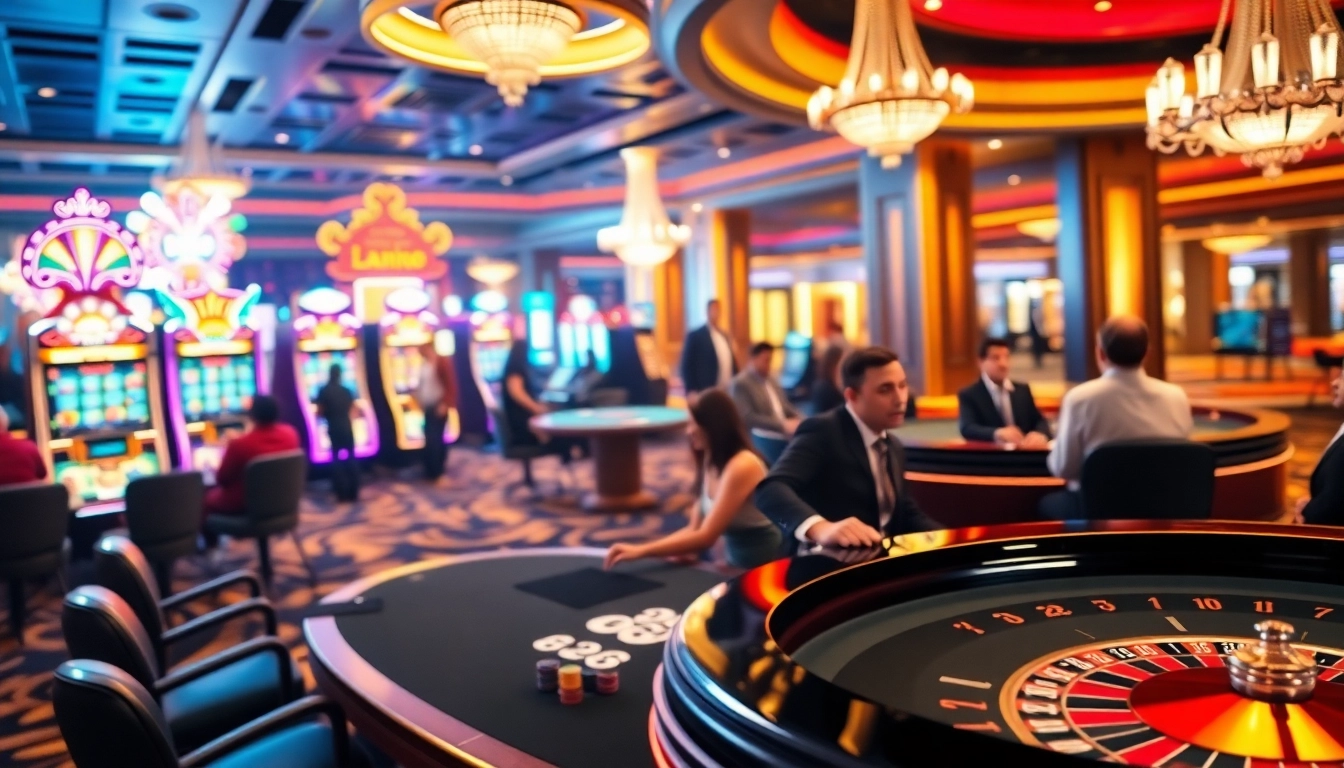 Explore a thrilling e28 betting experience at a glamorous casino, featuring vibrant slot machines and an exciting poker table.