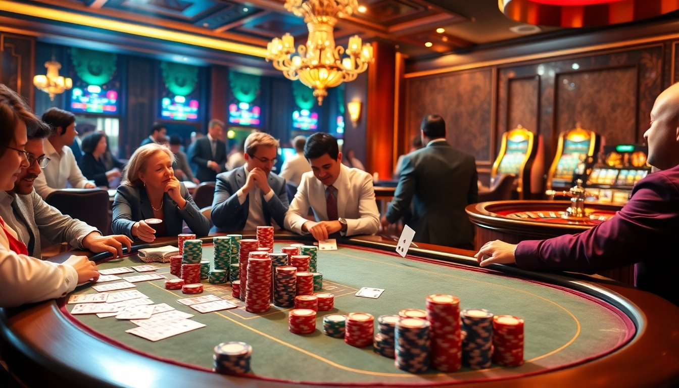 Experience the thrill of gambling at the vibrant poker table featuring e28 poker chips and engaging players.